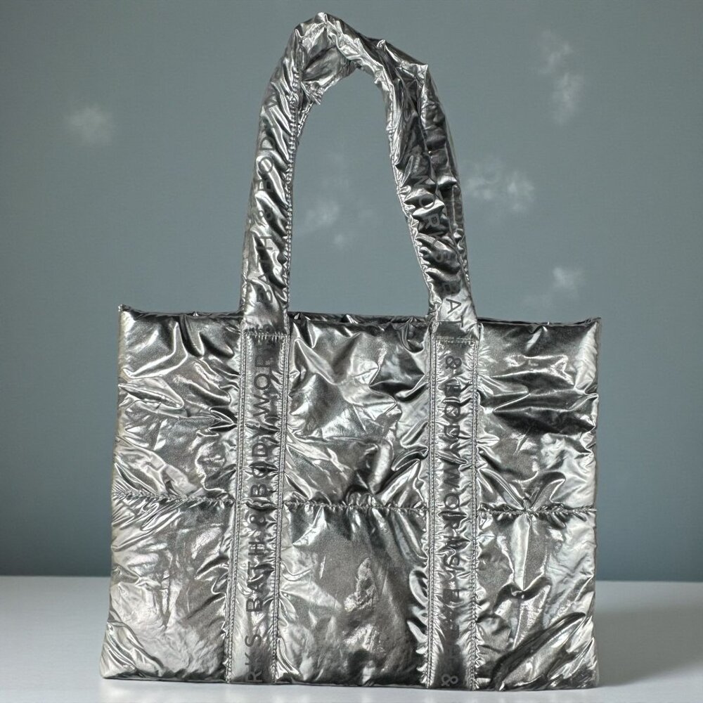 NEW BATH & BODY WORKS Metallic Silver Puffer Tote Bag Quilted Puffy Shoulder